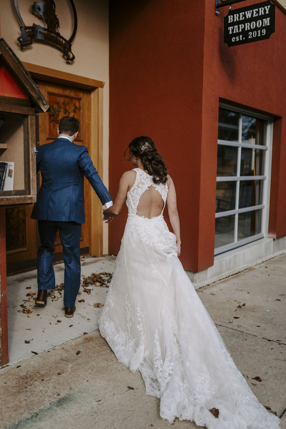 Bride and groom head to local brewery on their fall wedding day in Winston-Salem, NC