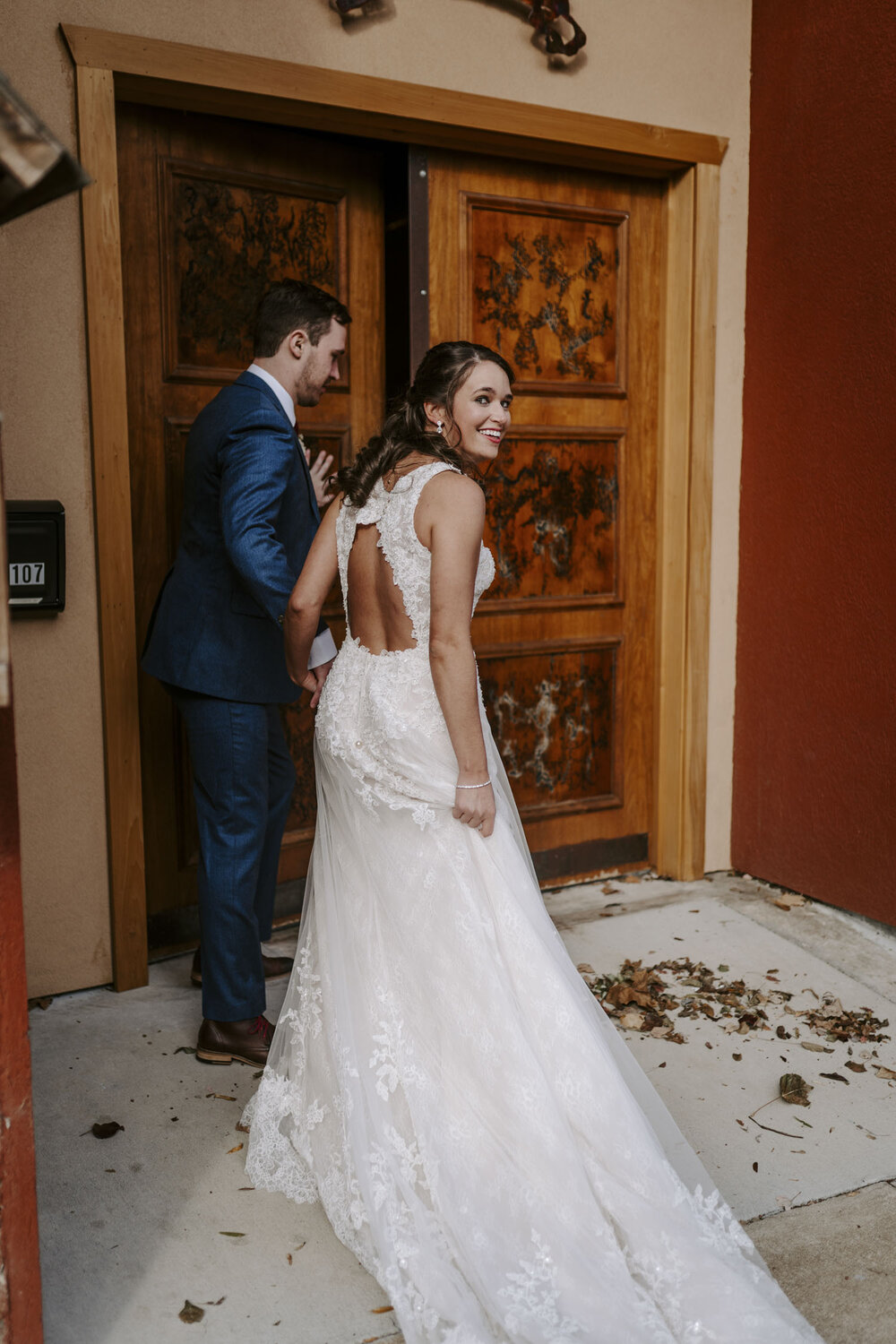 Bride and groom head to brewery at their fall wedding day