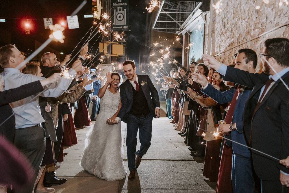 Sparkler Send-Off at fall wedding in Winston-Salem, NC