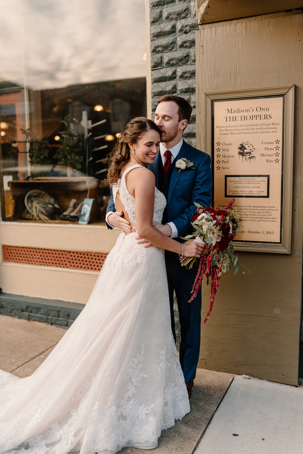 cute bride and groom at fall wedding in Winston-Salem