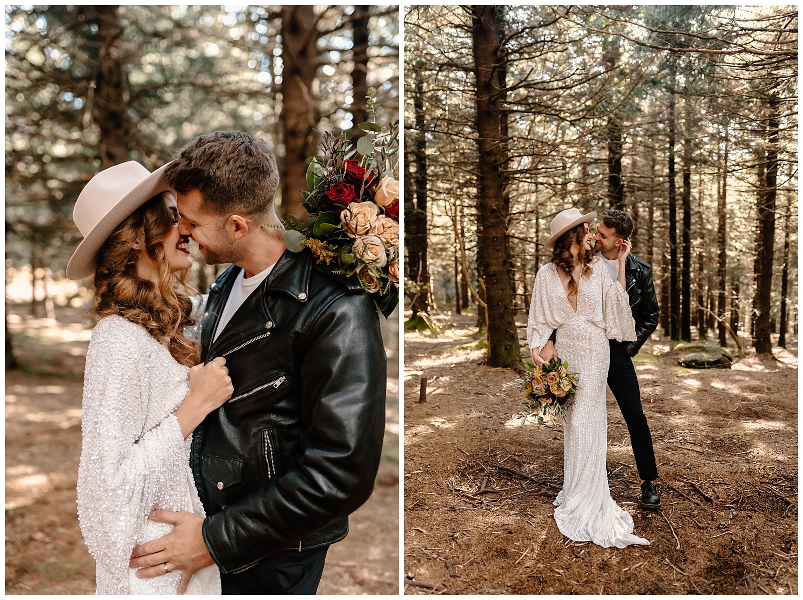collage of wedding photos from intimate wooded elopement session