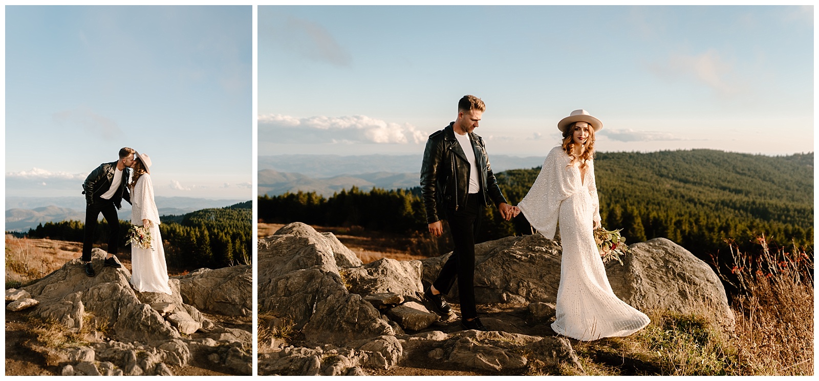 bride leads groom by the hand across NC moutaintops during elopement session