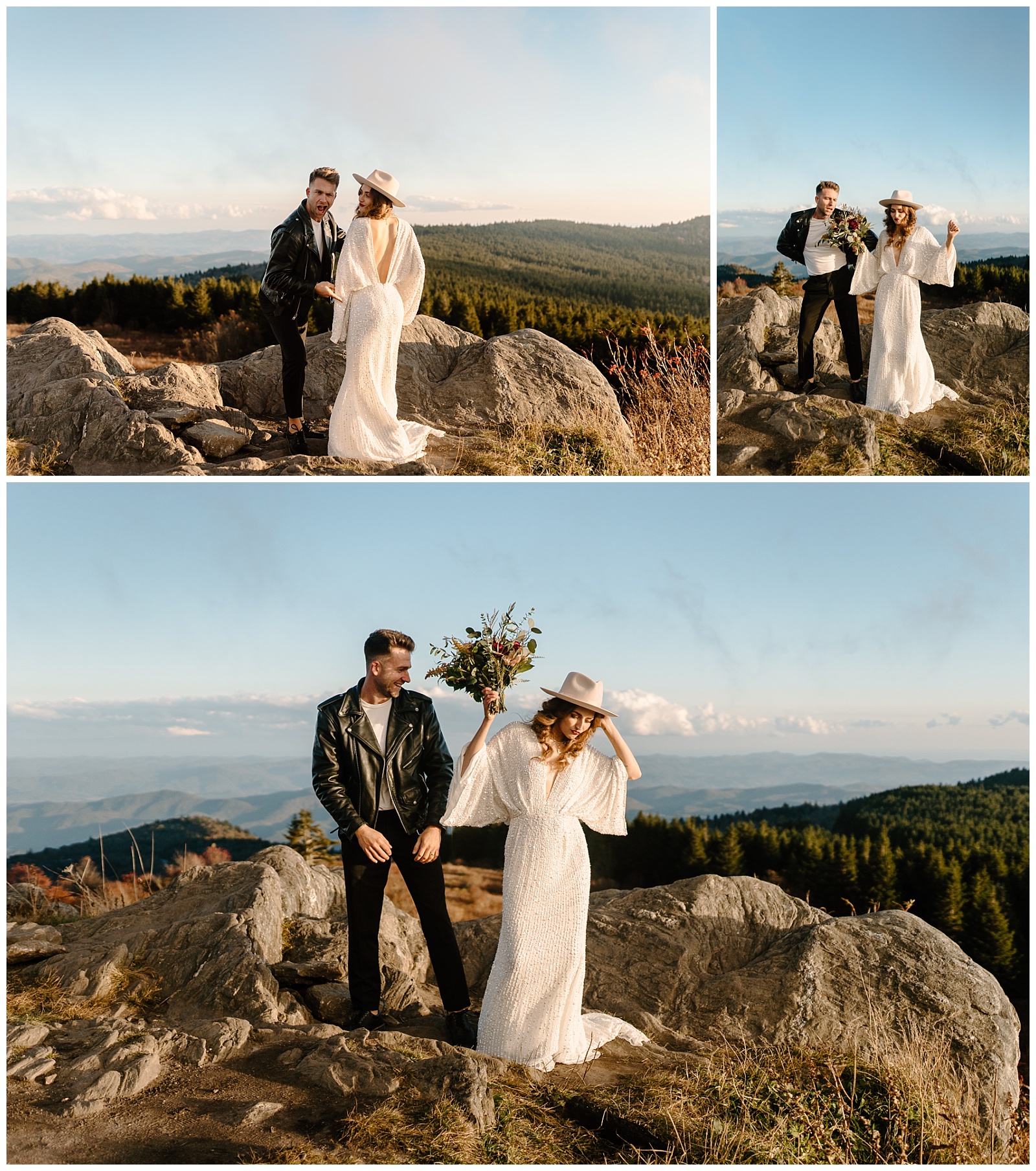 bride and groom dance on mountain top elopement session