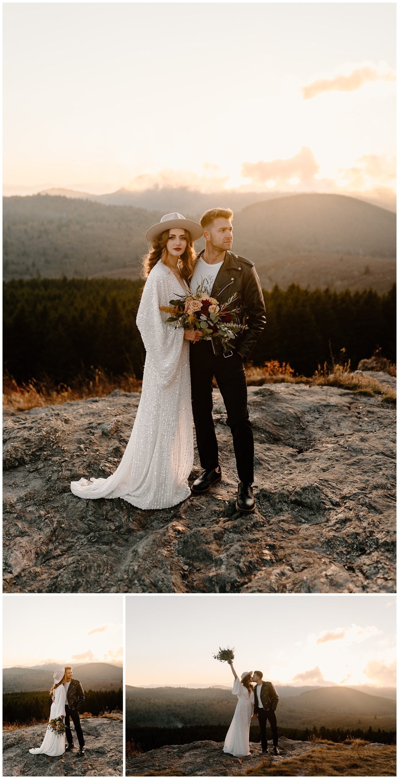 couple looks on into the distance during sunset mountain elopement session
