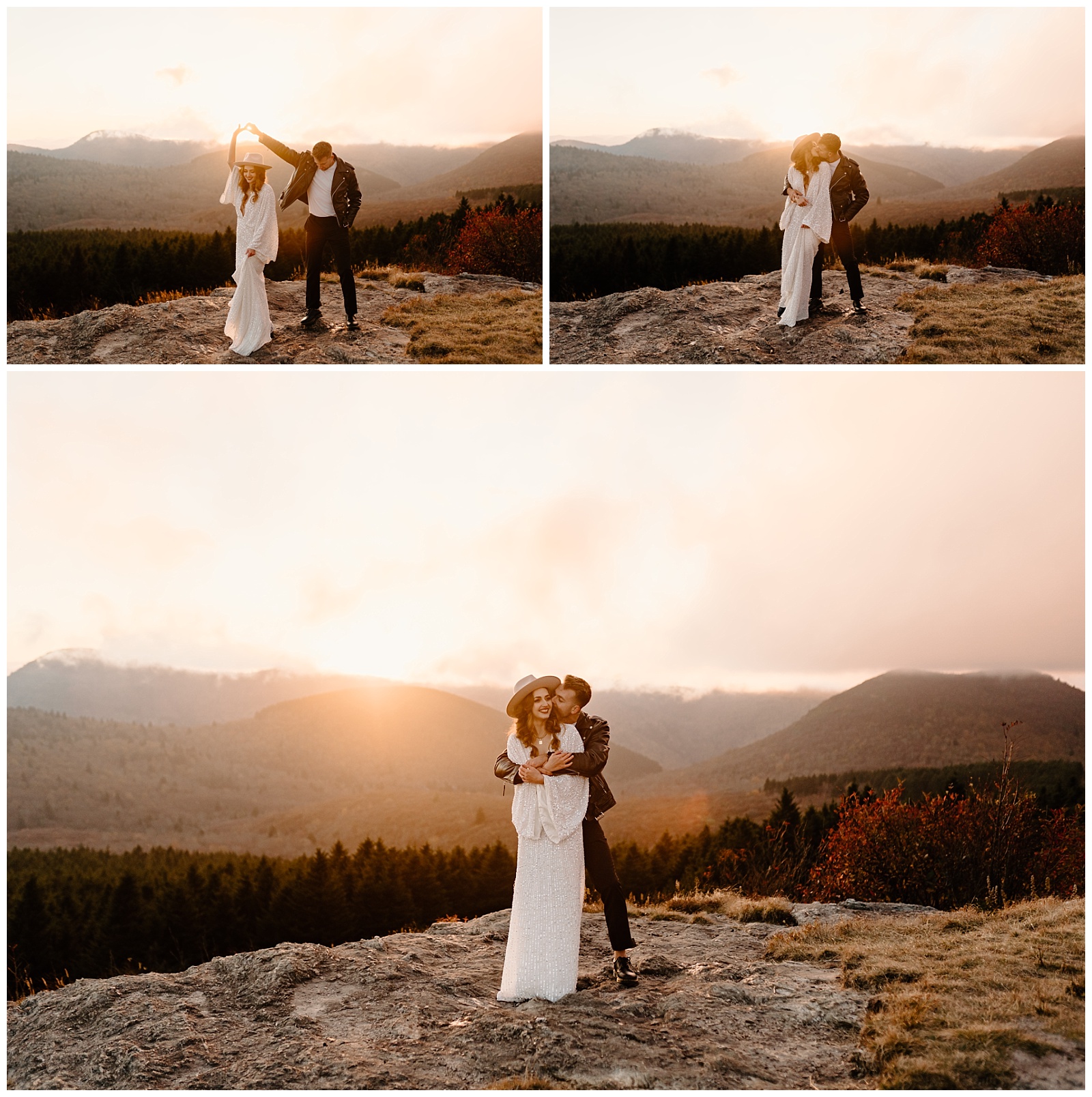 groom in leather jacket twirls new wife in boho white gown with flowy sleeves on top of asheville nc mountains for their adventurous elopement photoshoot