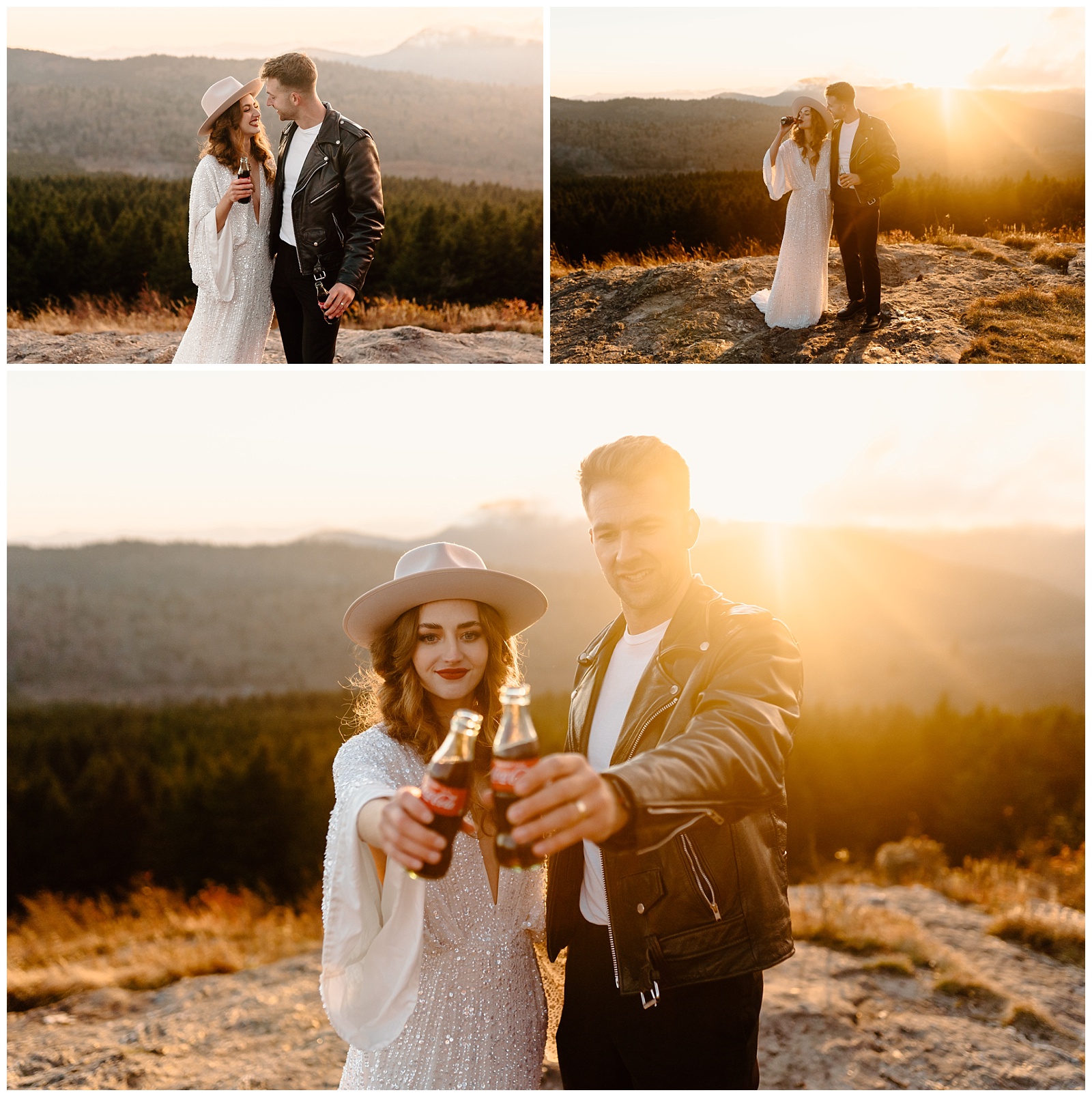 new bride and groom hold up classic coke glass bottles at sunset on mountain top elopement photoshoot