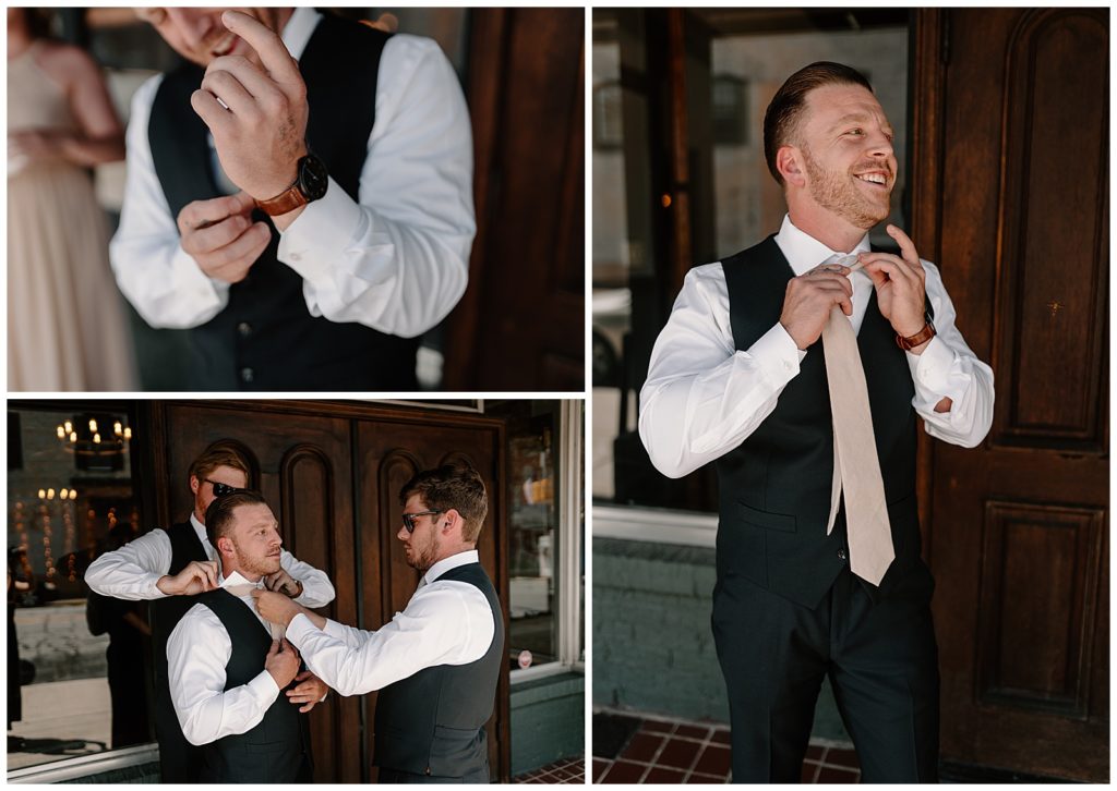 Happy groom getting ready for his summer Winston-Salem wedding at Bakery 1818