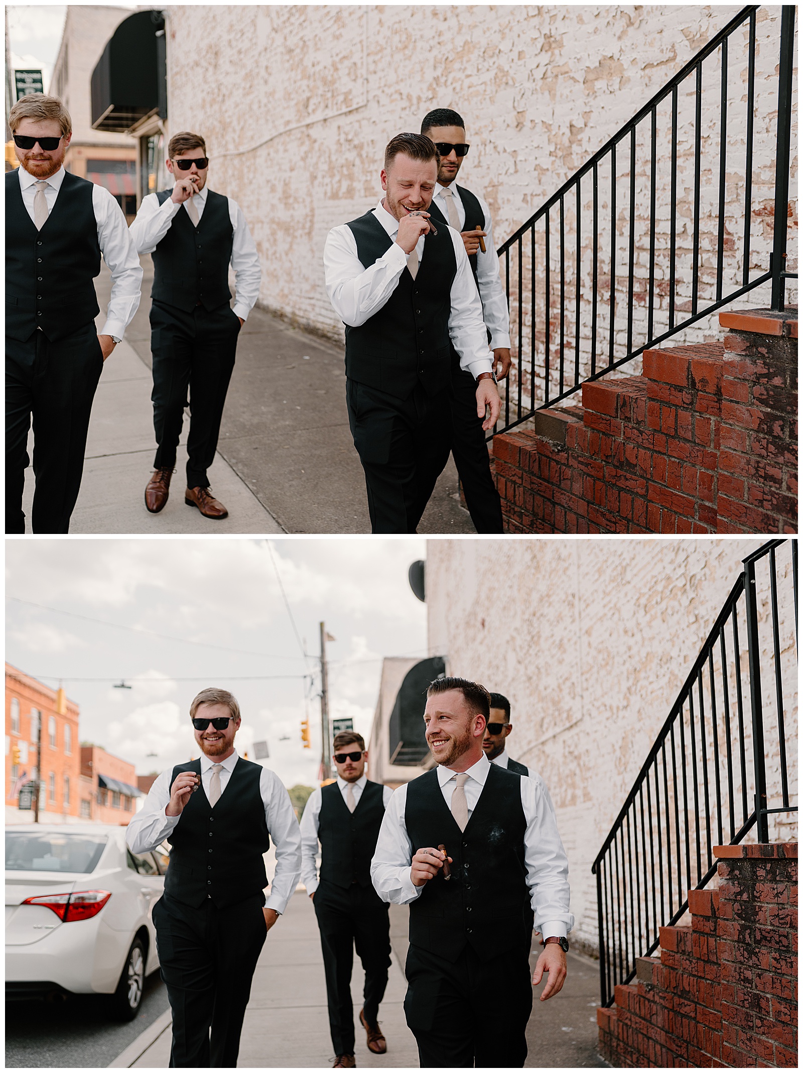 Groom and groomsmen smoking cigars at old downtown venue
