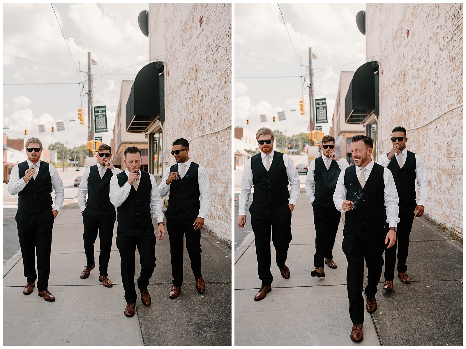groom smoking cigars with groomsmen after getting ready for their Winston-Salem summer wedding