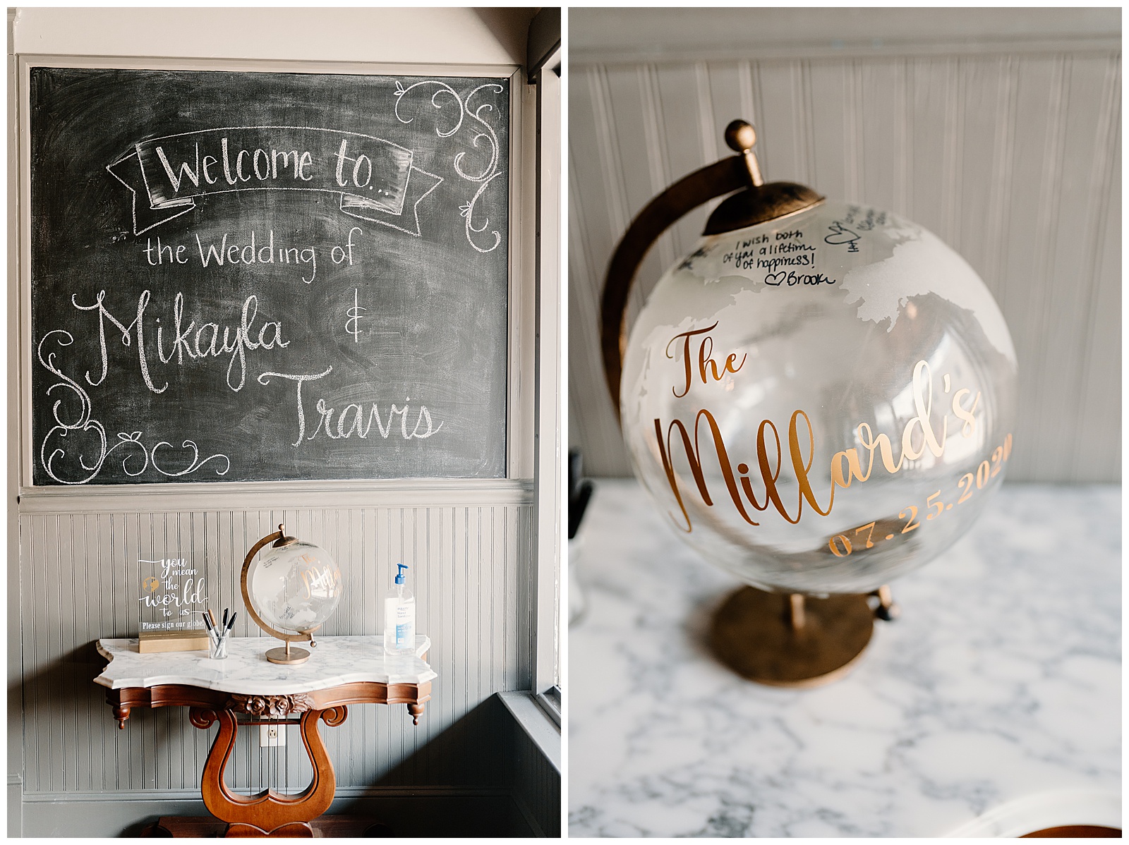 Welcome to the wedding of Mikayla & Travis at their modern summer wedding with glass globe guestbook