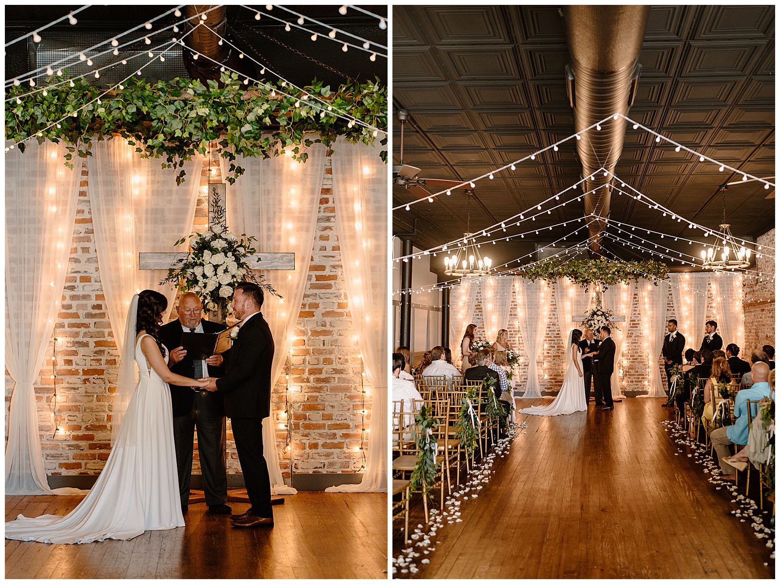 Bride and groom getting married in front of rustic brick wall with string lights at their modern wedding in Winston-Salem
