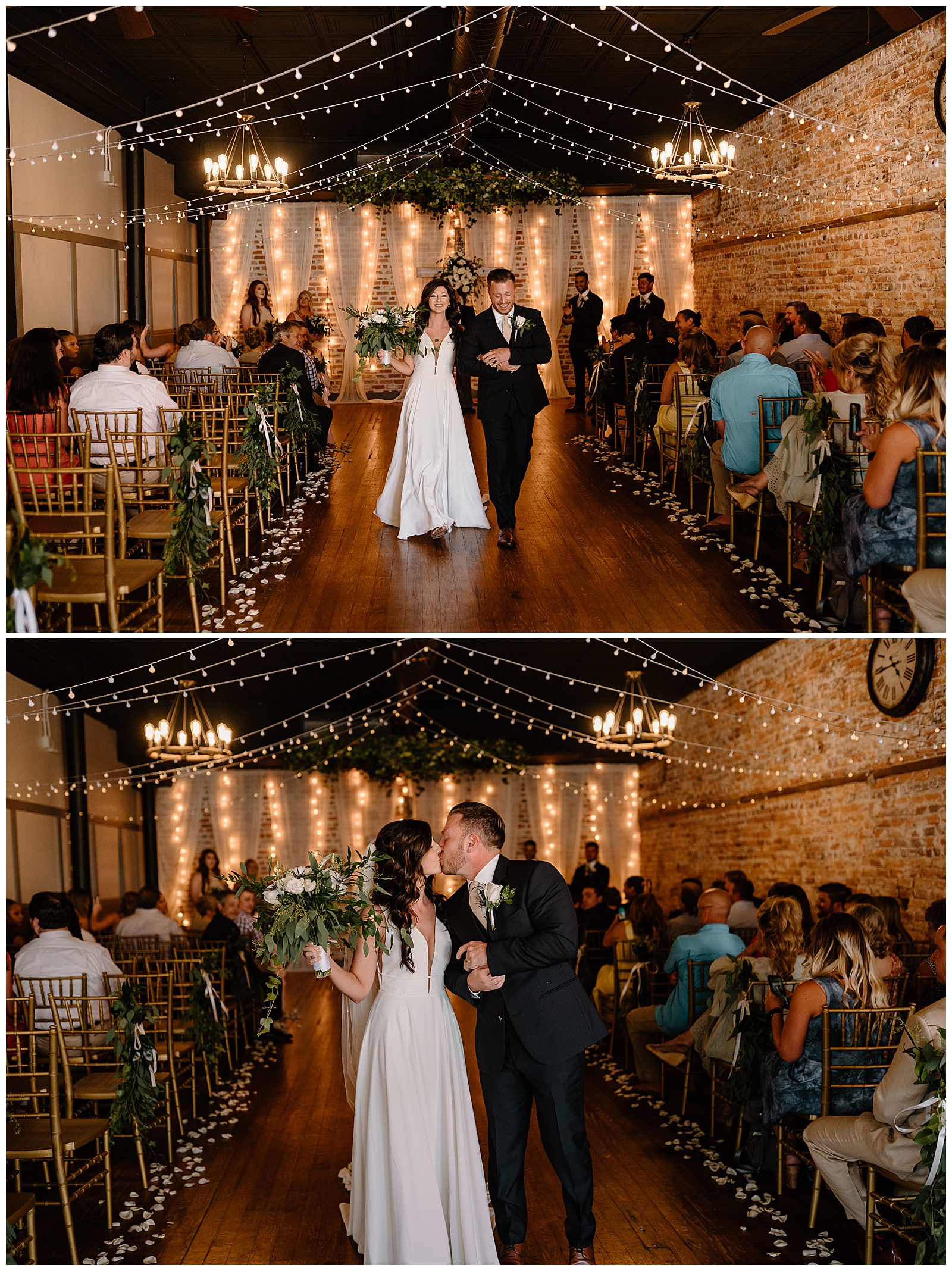 Newlywed couple leaves winston-salem wedding ceremony happy and kissing, with beautiful view of their modern rustic venue