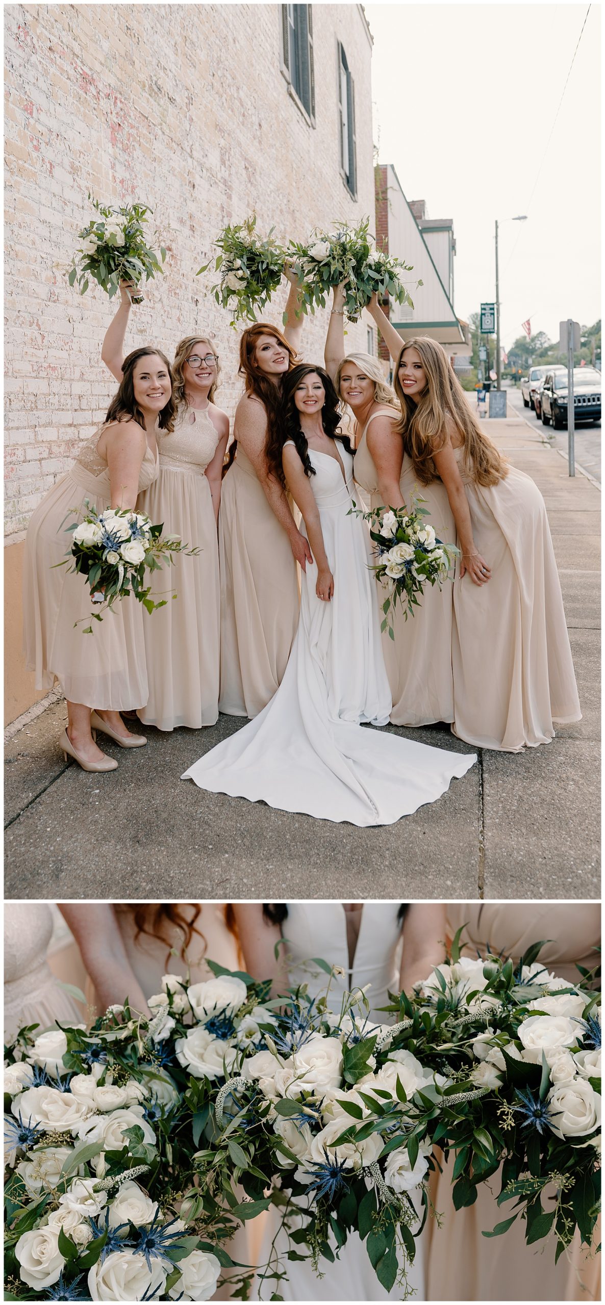 Bride cheering with her bridesmaids at modern Winston-Salem NC summer wedding