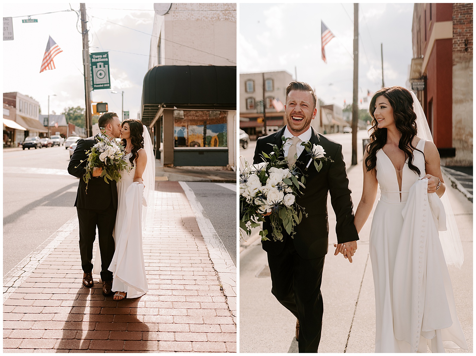 Bride and groom walking down street at their modern Winston-Salem summer wedding