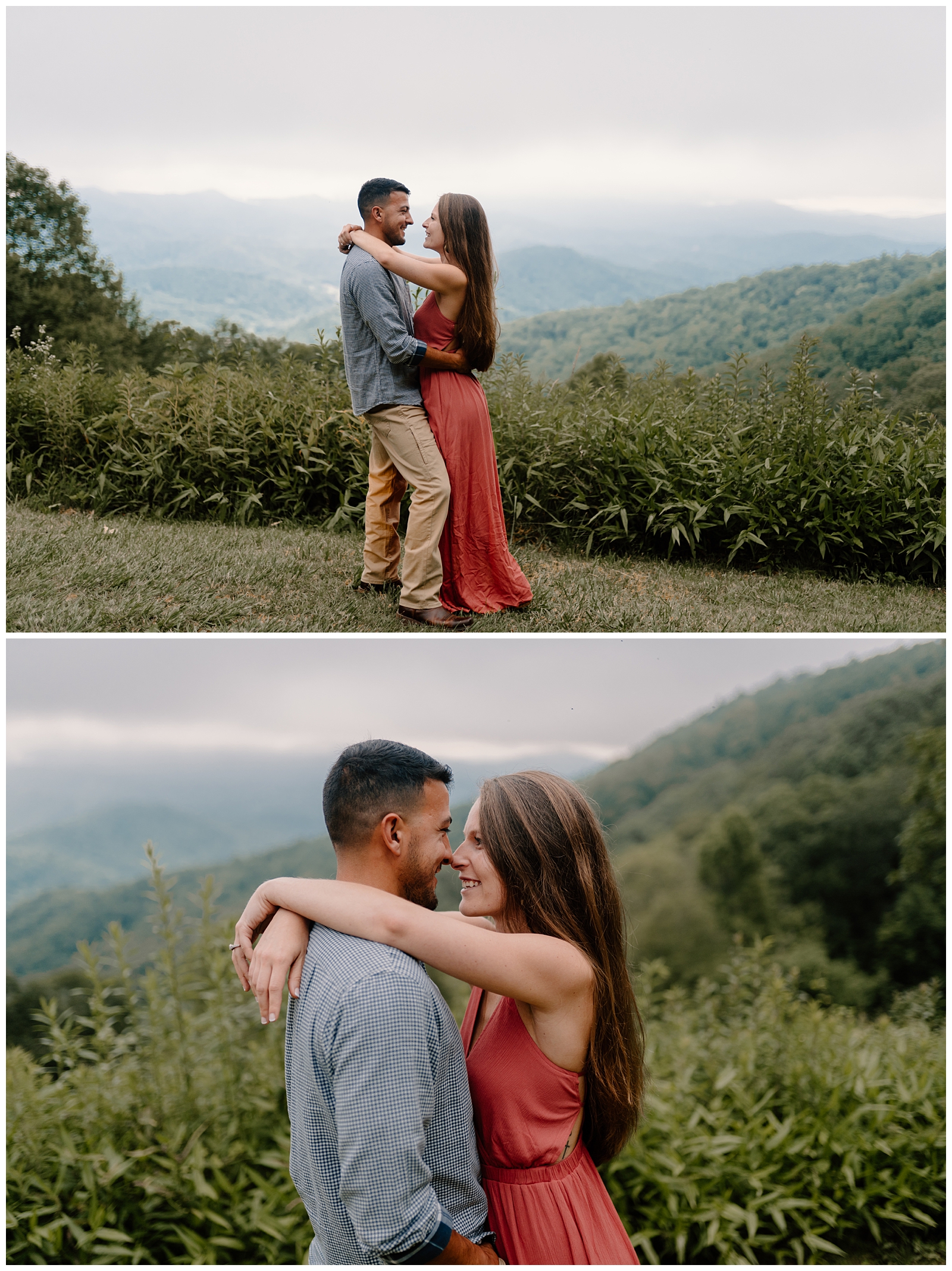 Foggy mountain engagement session along the Blue Ridge Parkway