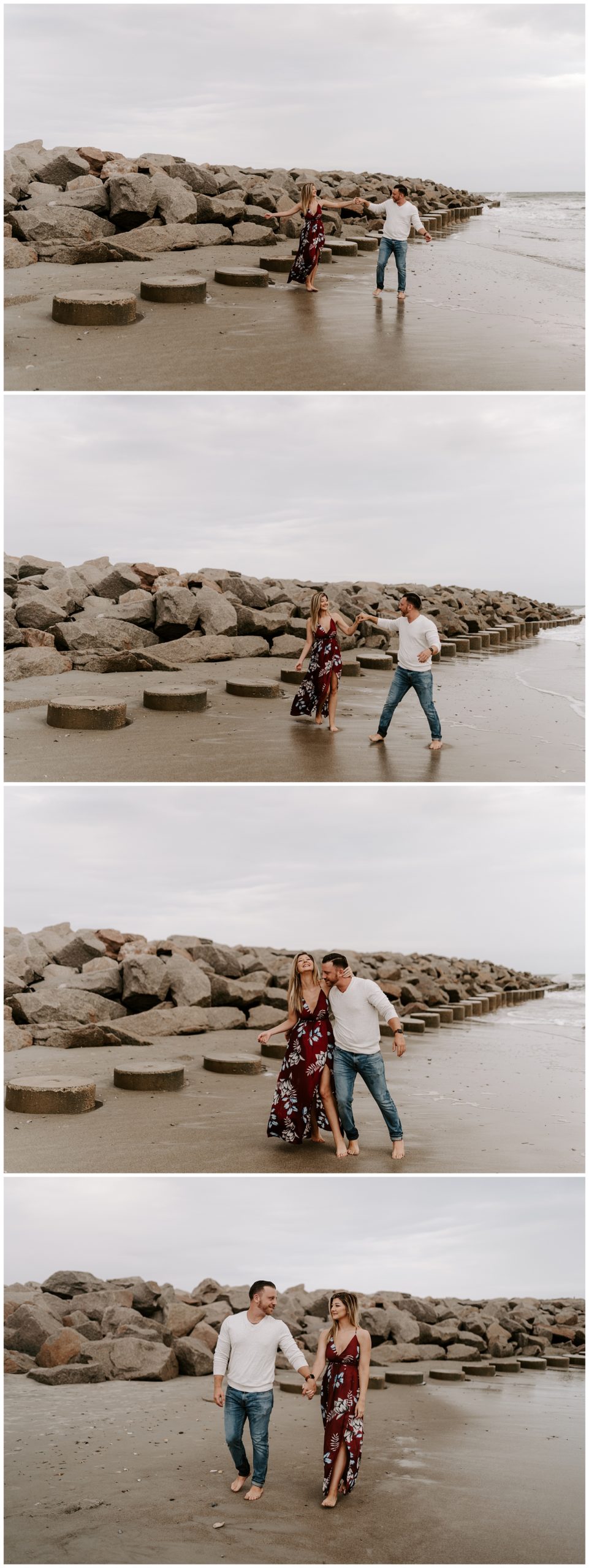 Beach engagement session in Wilmington, NC - walking in front of rocks