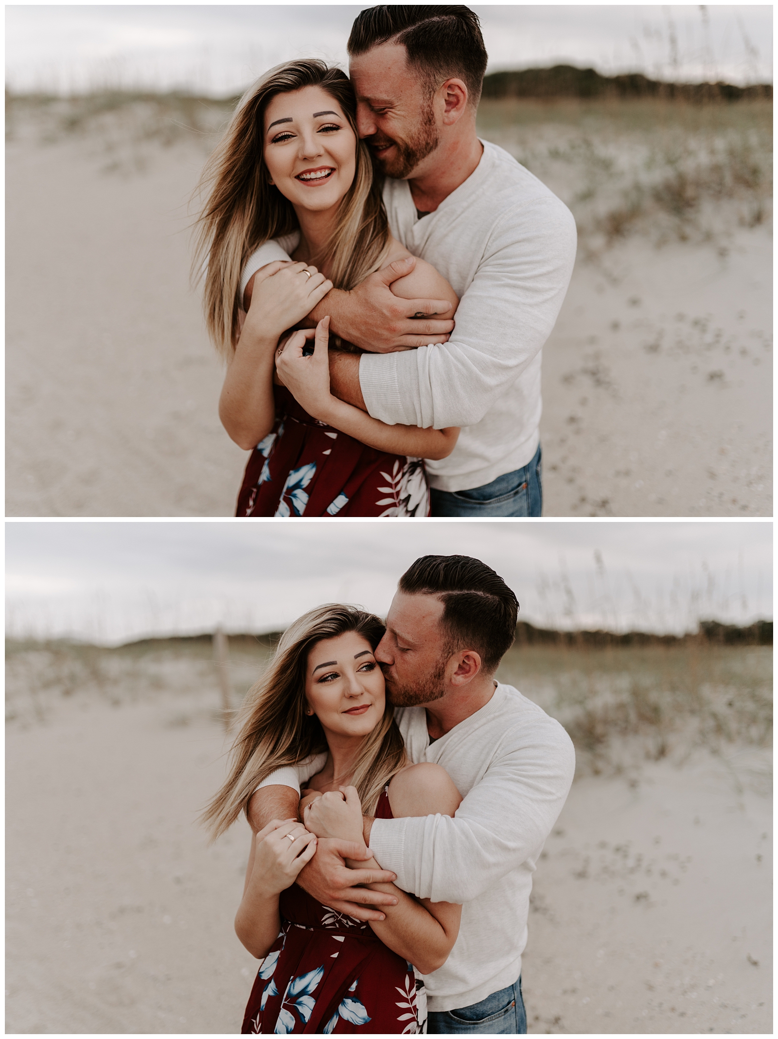Hugs and kisses at their beach engagement session in Wilmington, NC