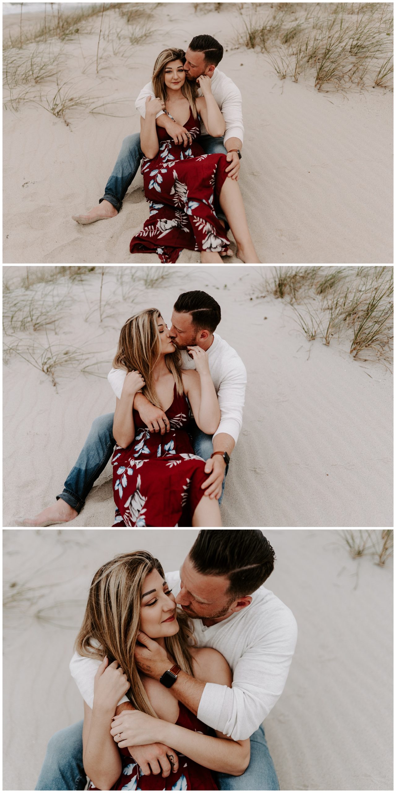 beach engagement photos in front of sand dunes near Wilmington