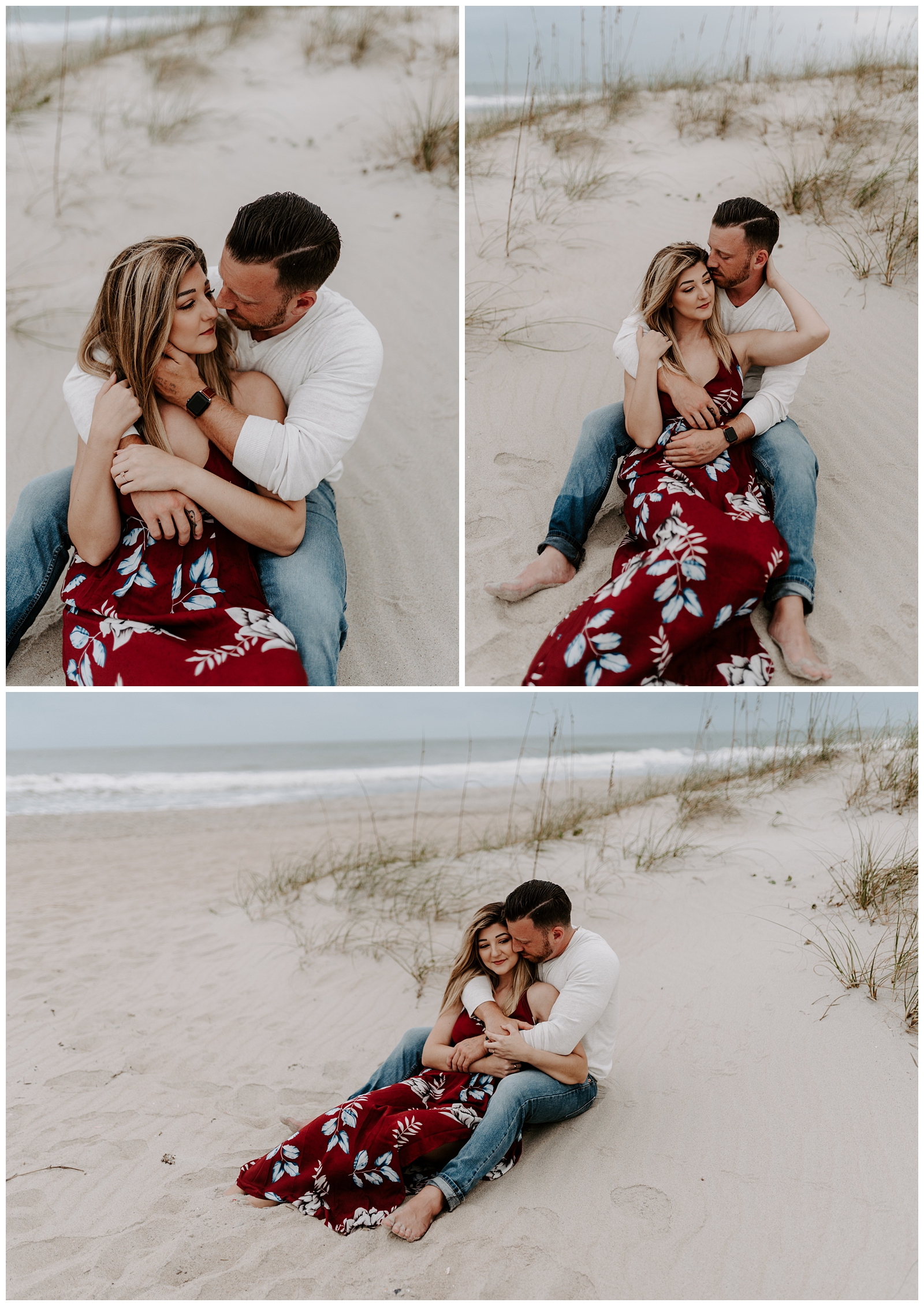 Engagement photos in front of sand dunes and ocean