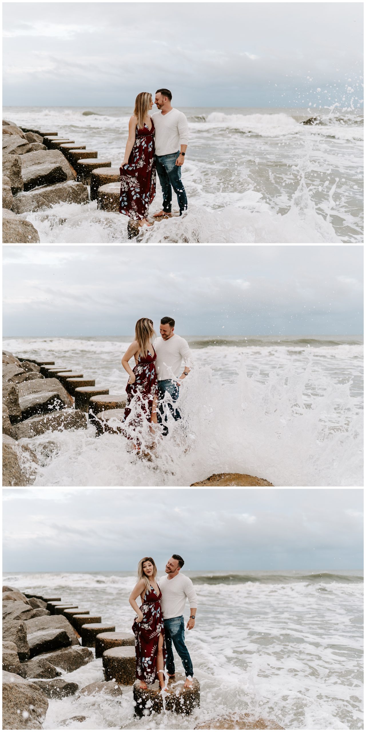 Funny photos of couple getting splashed by waves at their engagement session