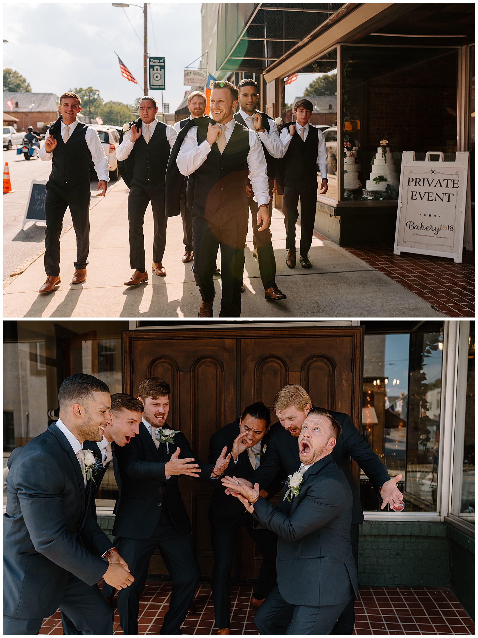 Groom goofing off with groomsmen during wedding portraits in Winston-Salem NC
