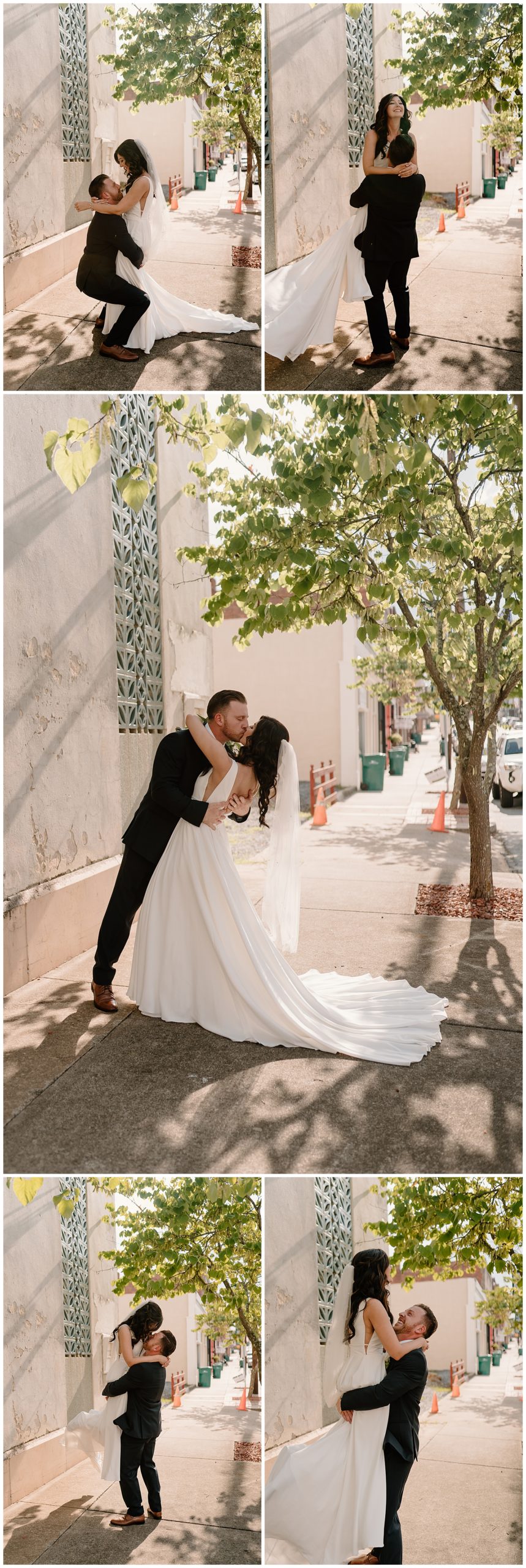 Bride and groom kissing and spinning during portraits at modern Winston-Salem summer wedding day