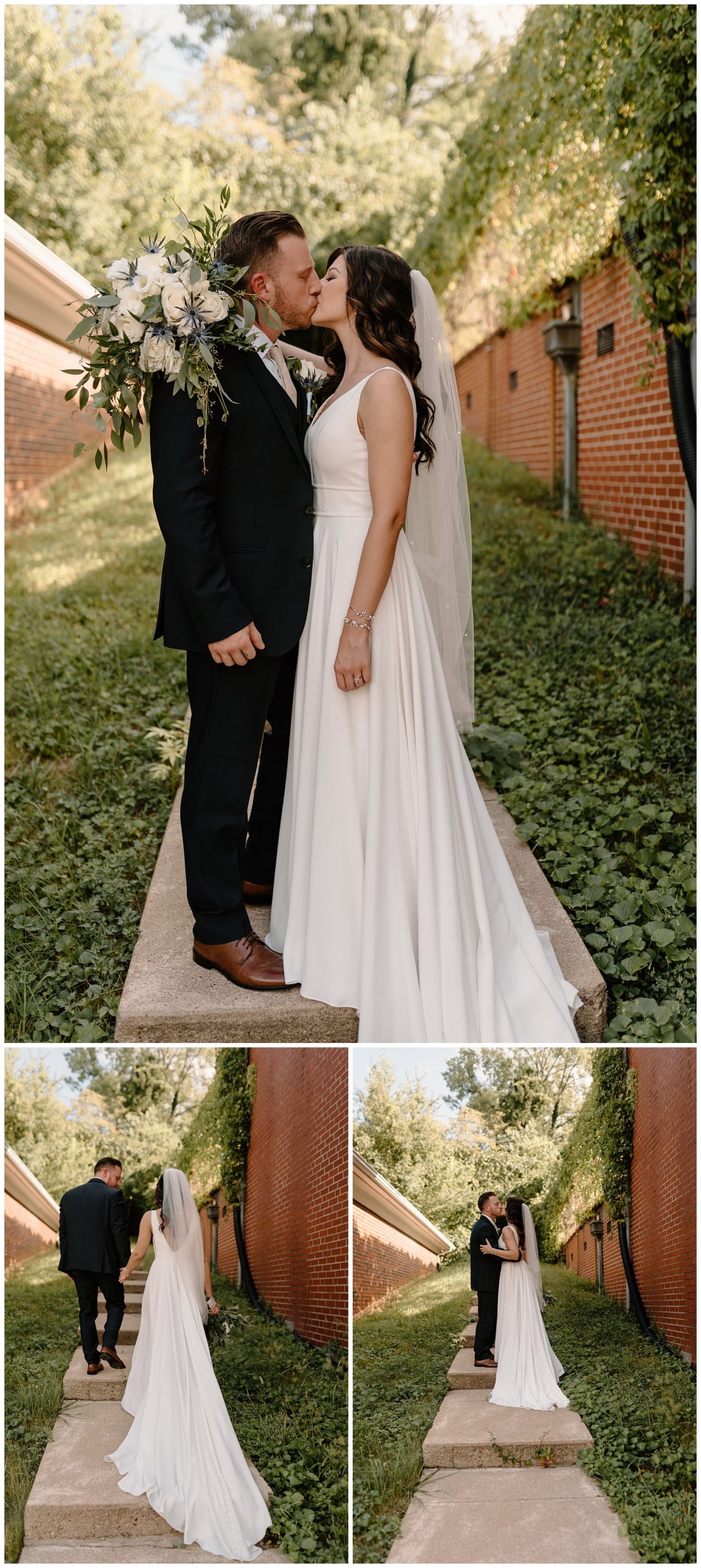 Modern bride and groom sneak away for romantic portraits at summer wedding in downtown Madison, NC