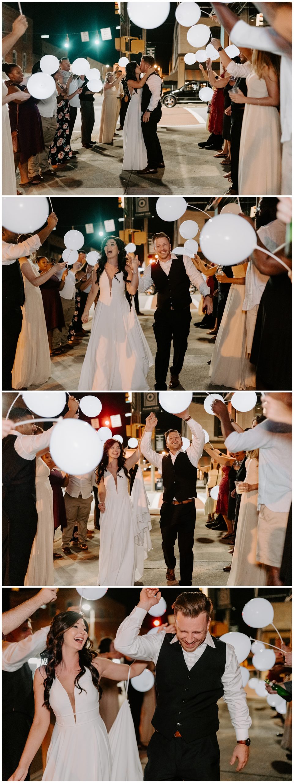 downtown wedding send off with LED balloons at modern Winston-Salem summer wedding