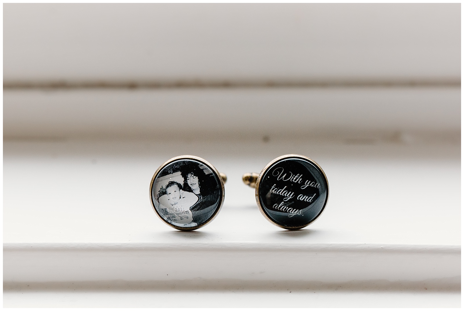 Groom's cufflinks with a custom picture of deceased parent and a written message in handwriting.
