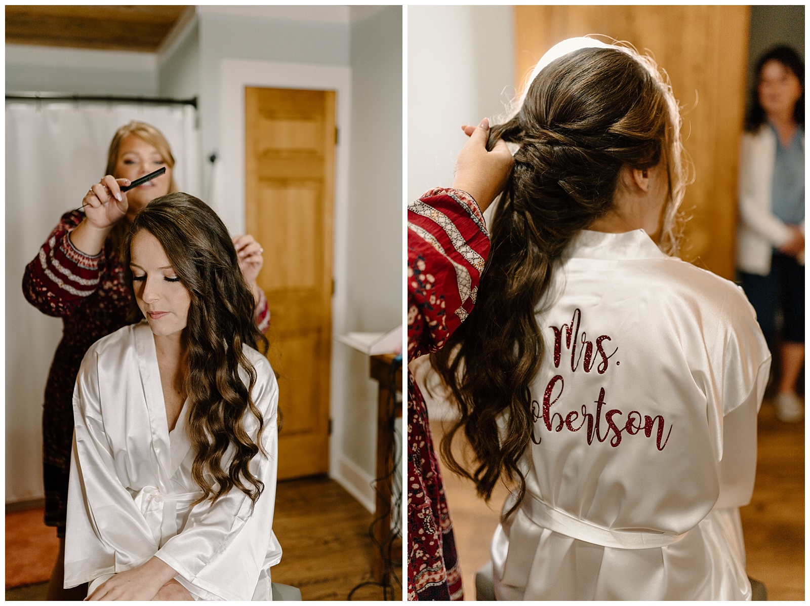 Bride having her hair curled by The Bride Tribe hair and makeup artist with robe that has "Mrs. Robertson" embroidered on the back.