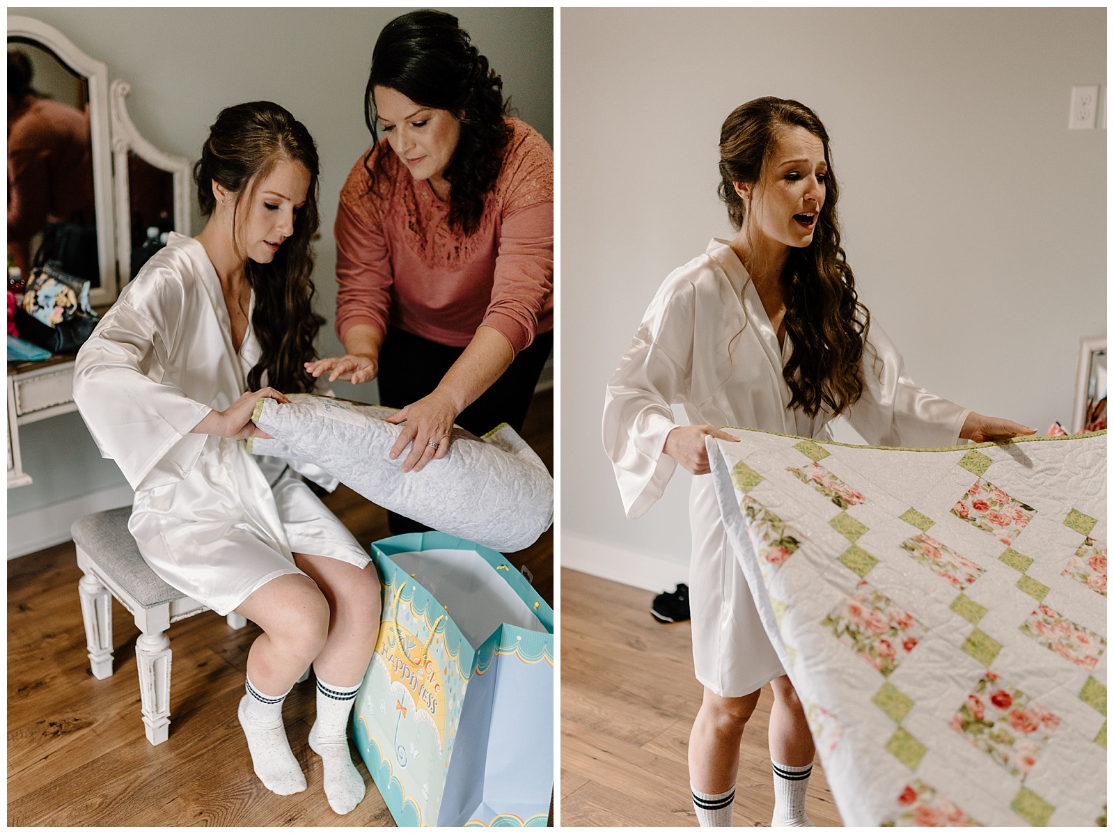 A bride opens a gift bag on her wedding day, which includes a quilt hand made by a family member.