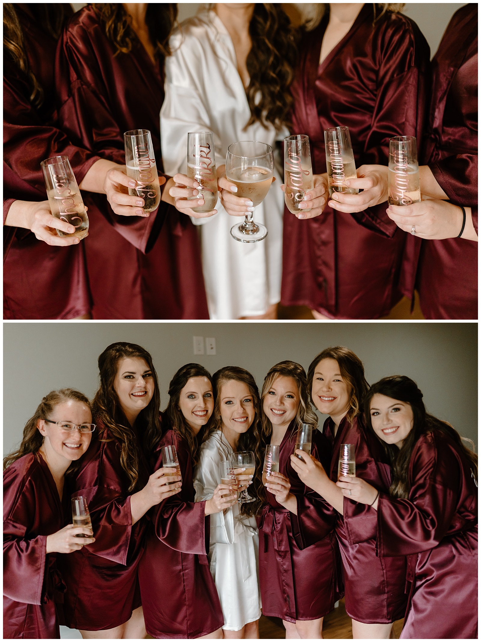 Bridal party in maroon robes huddle together for a toast, holding glasses that are custom made with each of their names.