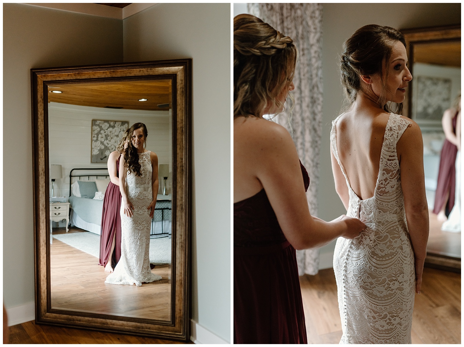 A bridesmaid helps zip up the back of a lacey fitted bridal gown while the bride looks at her appearance in a full length mirror in front of them.