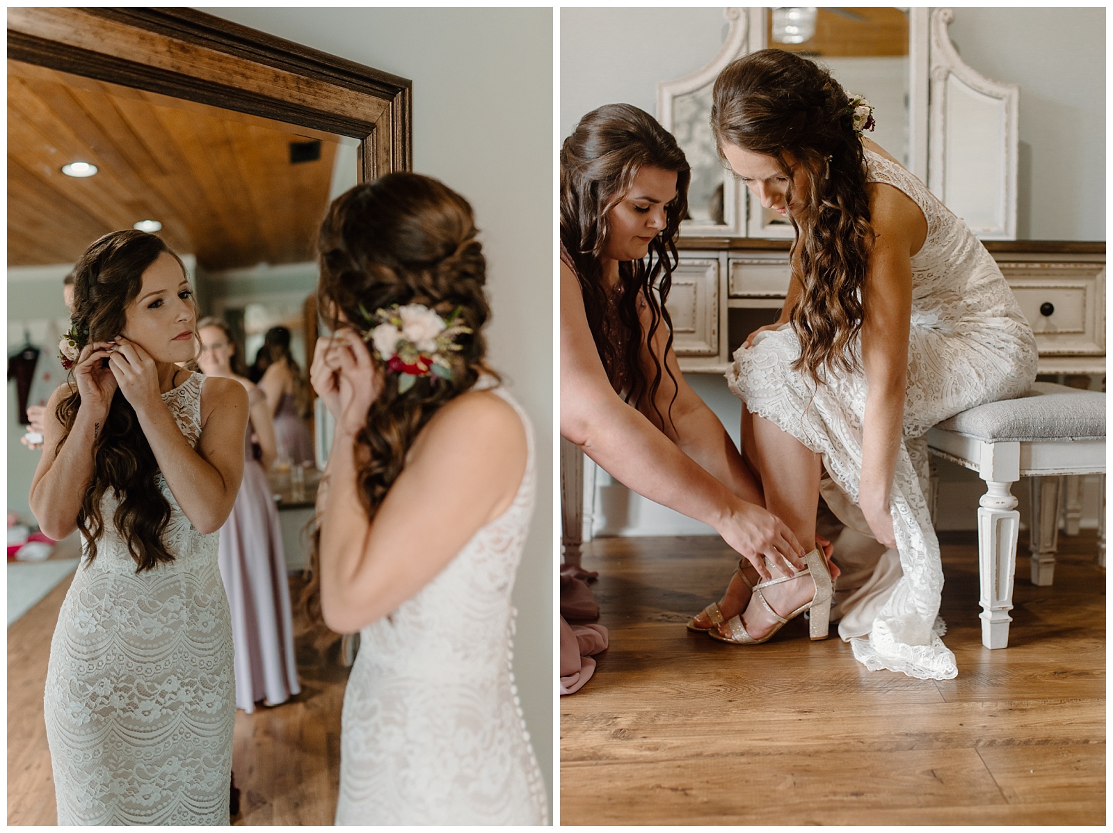 Bride putting on earrings and shoes with the help of her bridesmaids before her wedding.