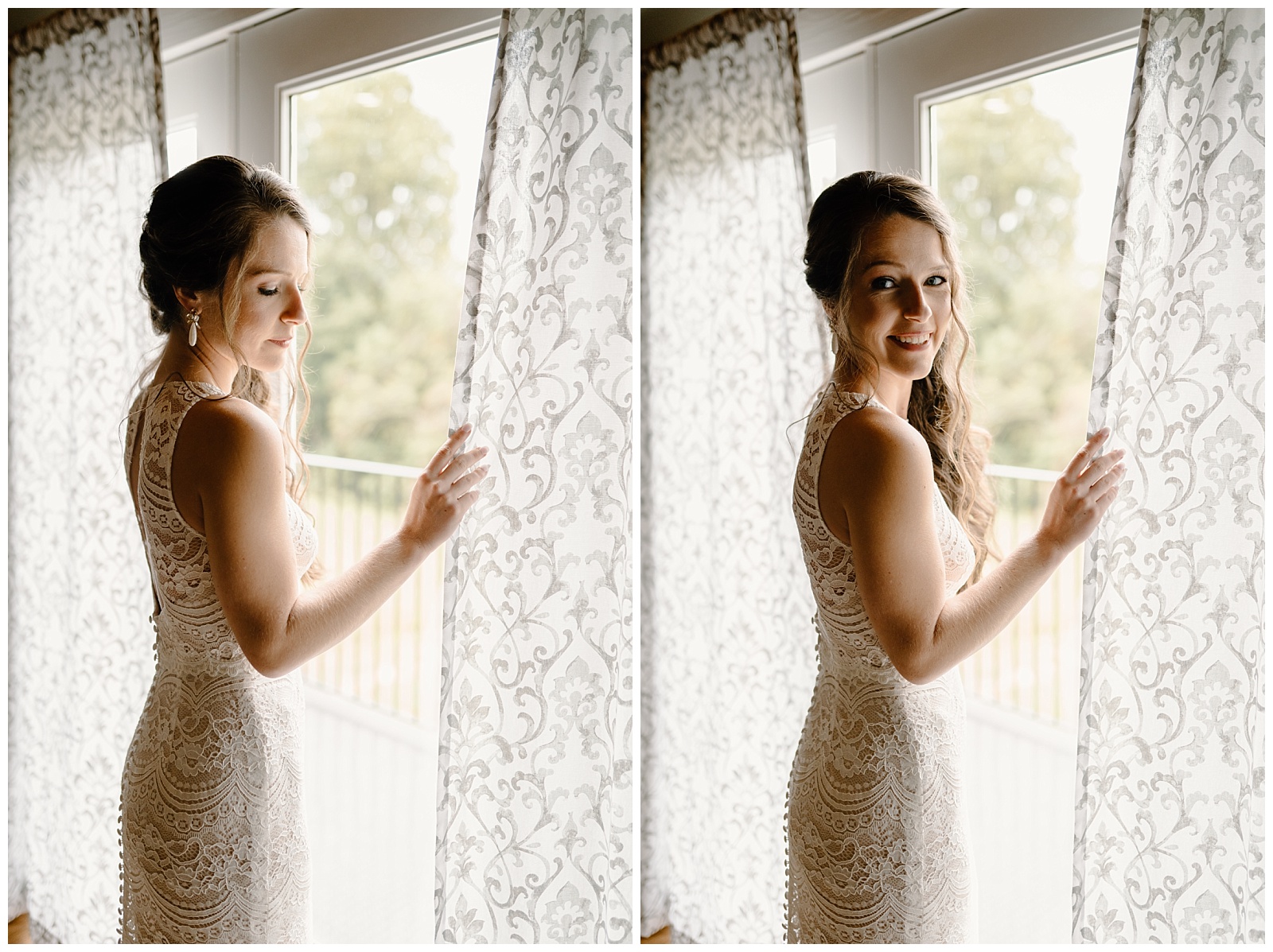 Bride standing in middle of a three pane window with her back to the camera, holding open the sheer white curtains and letting the sunlight create a silhouette around her. Her dress is a fitting sheath style with a key hole back, vintage buttons, and bohemian lace overlay in off white.