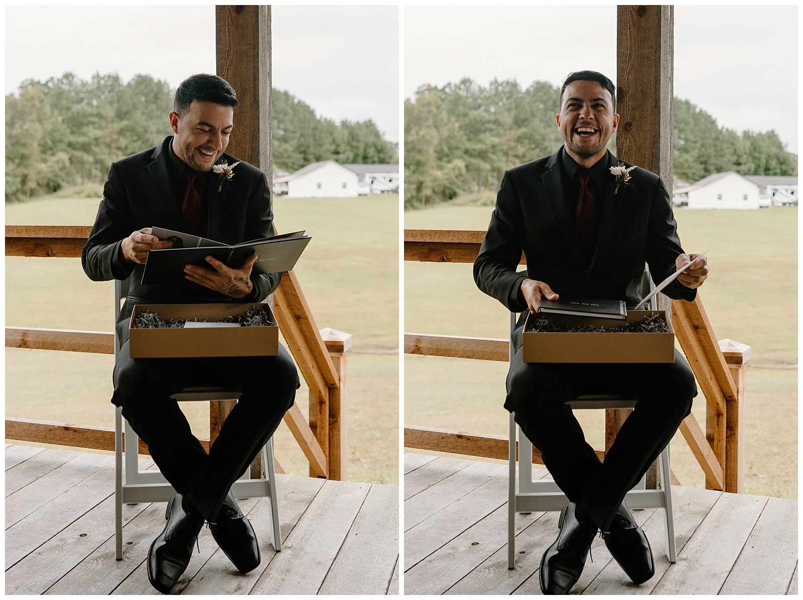 A groom opens a special gift from his bride on their wedding day, which contains an album with images that make him smile and laugh as he opens them.