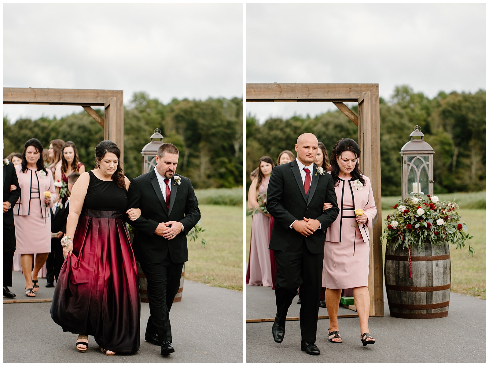 Parents of the bride and groom walking through barn doors and down the aisle at the beginning of a wedding ceremony.