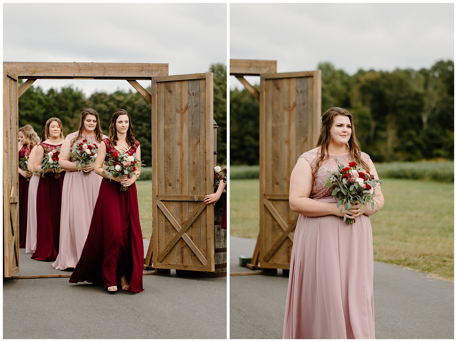 Bridemaids in different shades of pink and bordeaux floor length dresses walk down the aisle during wedding ceremony.