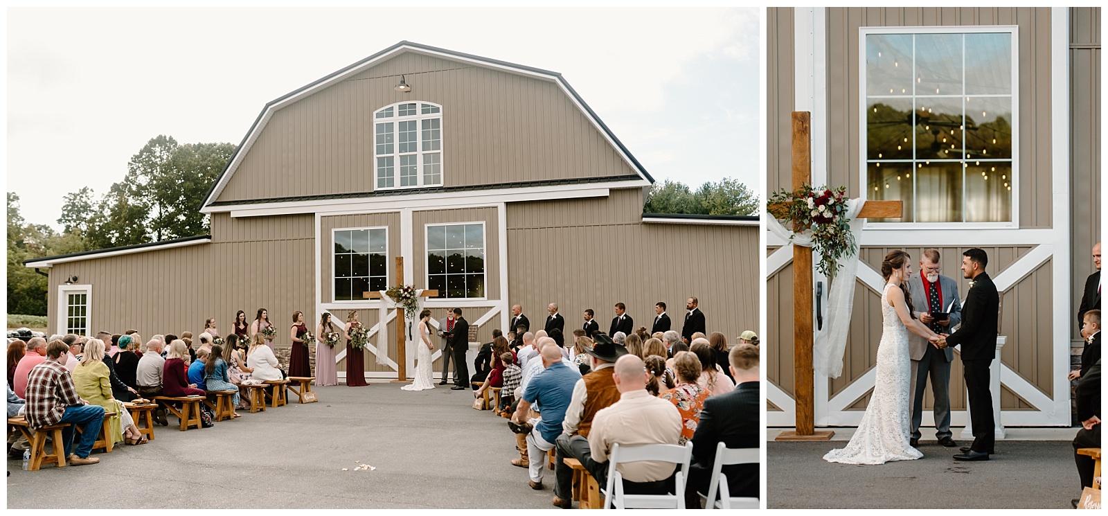 A wide image showing the full ceremony area at the Farm at Oak Hill, a rustic wedding venue in Mockville, NC.