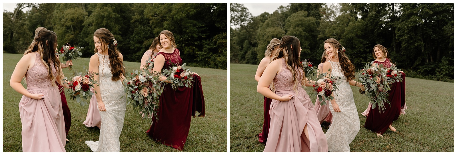 Bridesmaids and bride pick up the train of their floor length dresses and walk across a field laughing together
