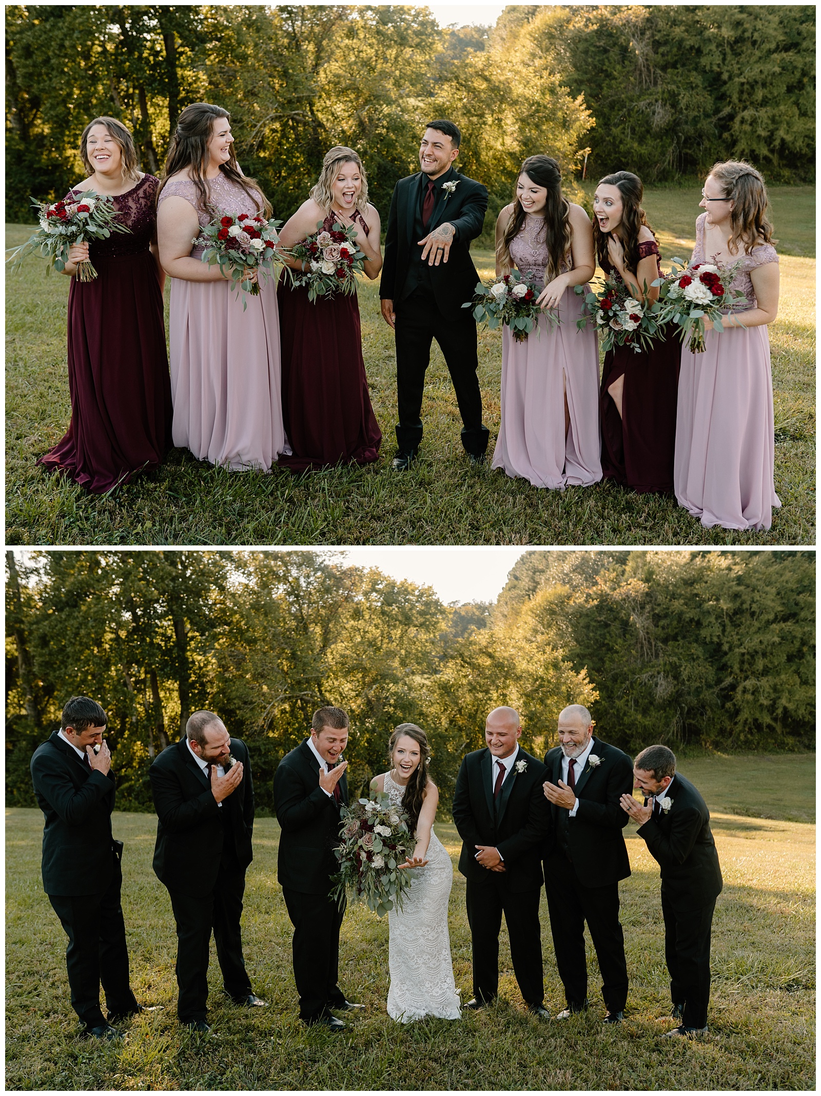 Bridal party portrait of wedding party in black, dusty rose, and bordeaux