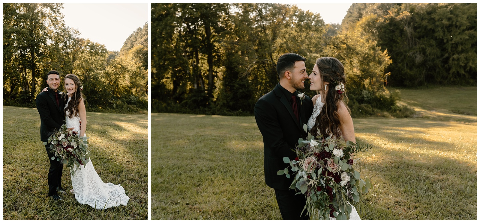 Sunset portraits of Bride and groom in wedding attire holding each other close for wedding portraits in a field in North Carolina. The bride is wearing a boho lace sheath dress and holding a large bouquet with maroon, wine, bordeaux, cream, and desert rose flowers.