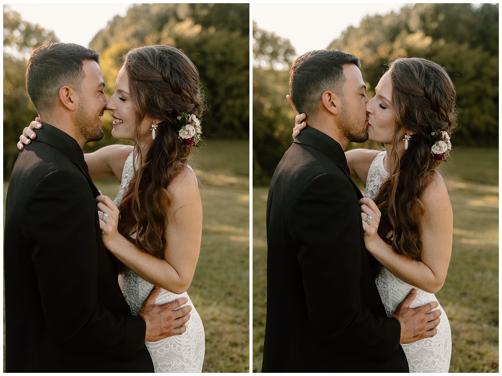 Close up romantic portrait of newlywed couple sharing a kiss.