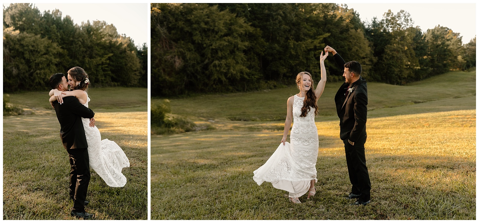 Portrait series of groom spinning bride around, twirling her, and holding her.
