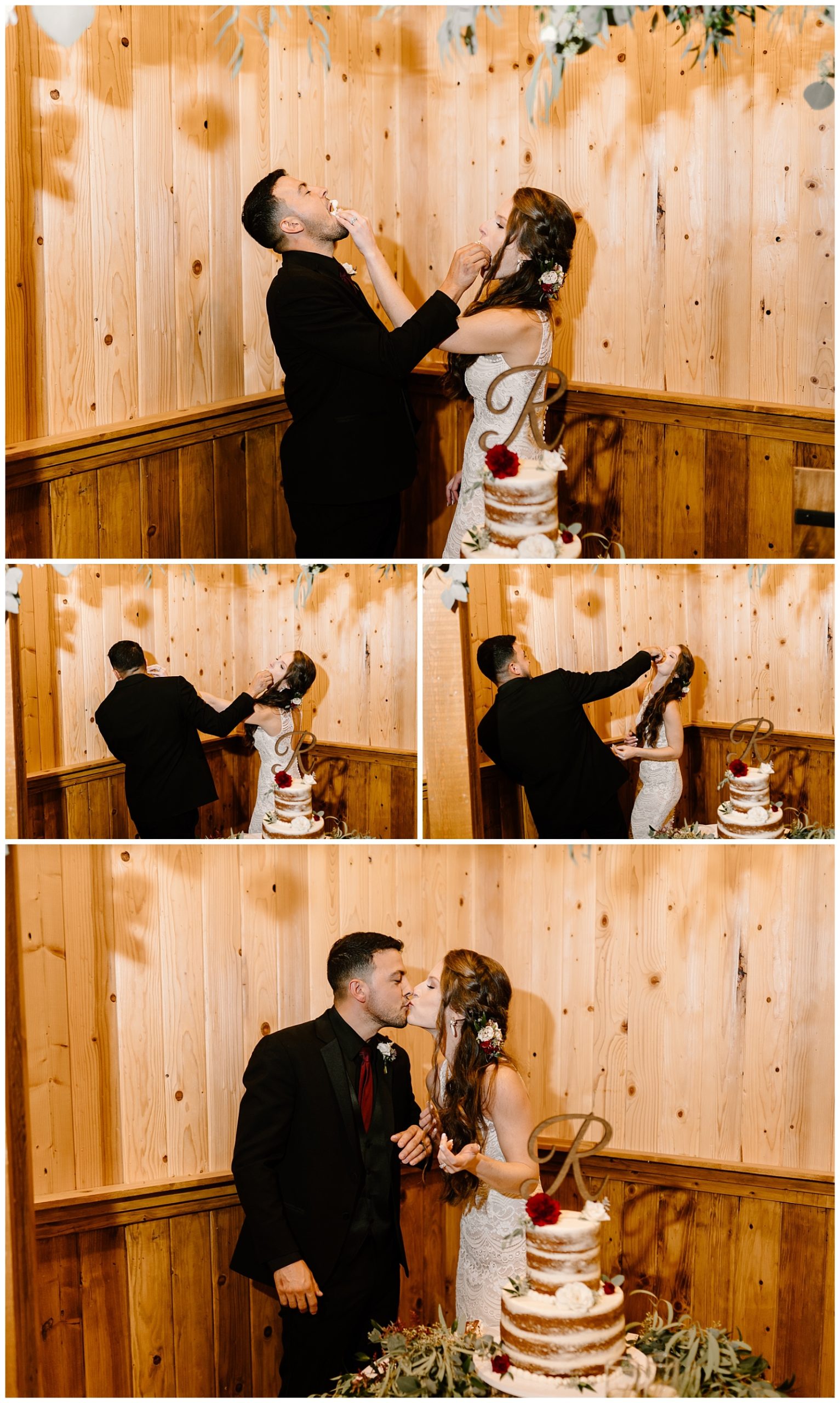 Bride smashes cake on groom's face during reception cake cutting