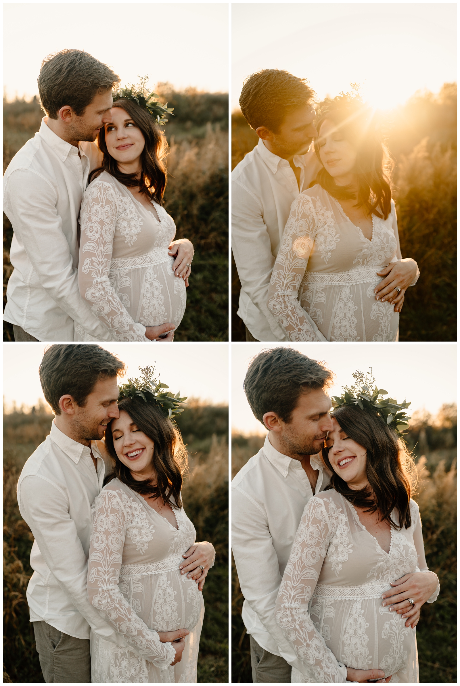 Romantic golden hour maternity session with greenery floral crown, in Winston-Salem North Carolina