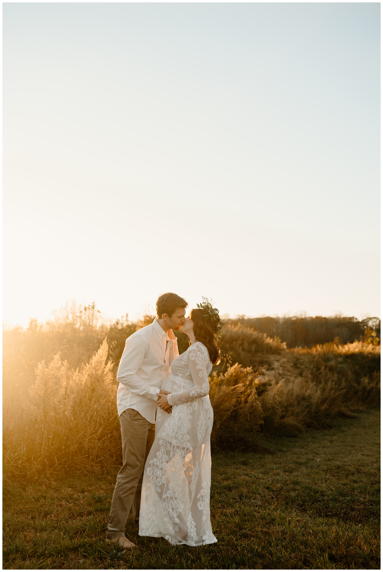 Golden hour glow during boho maternity session in Winston-Salem NC