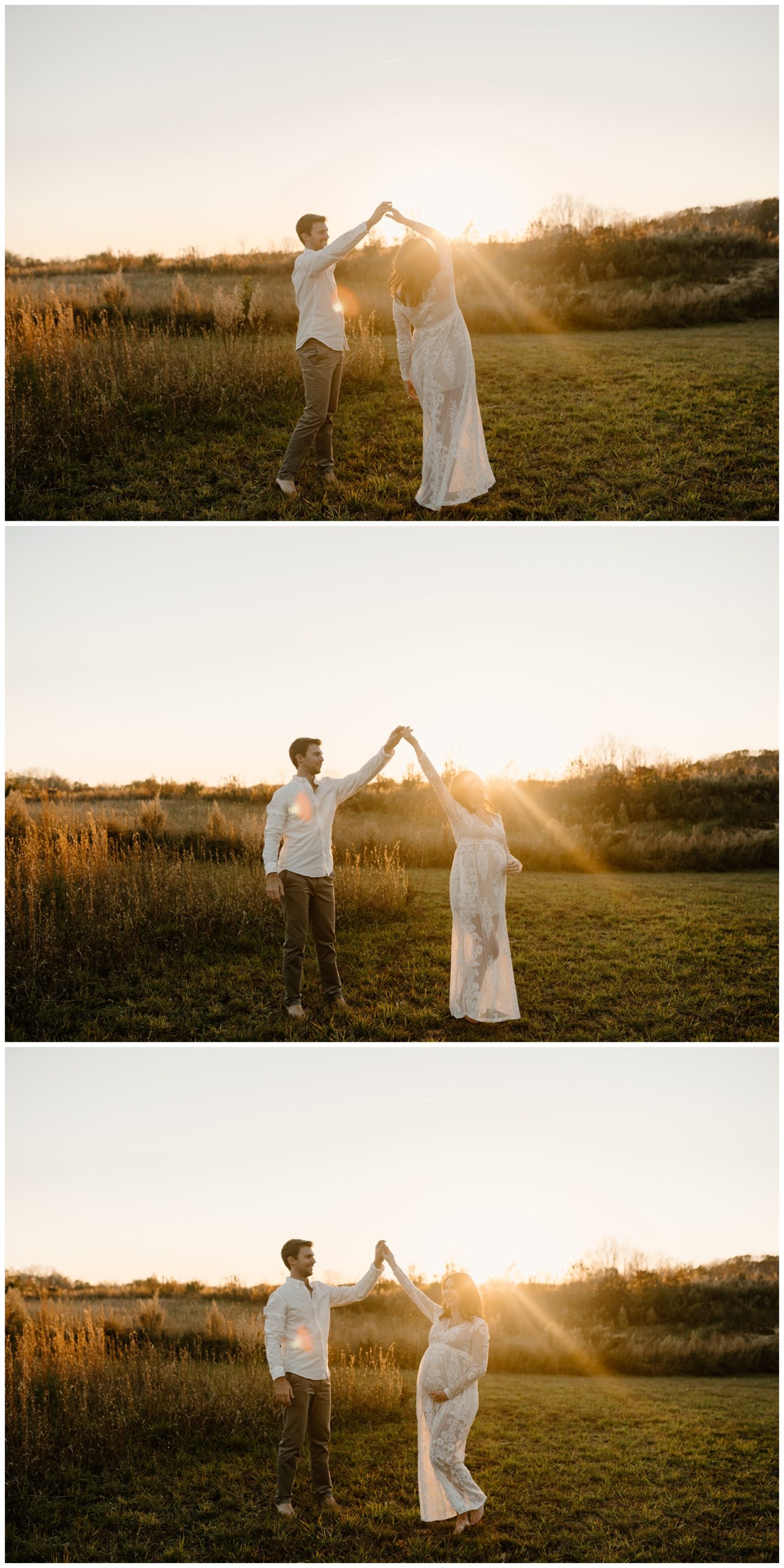 Dancing during sunset maternity session in Kernersville, NC by Winston-Salem photographer