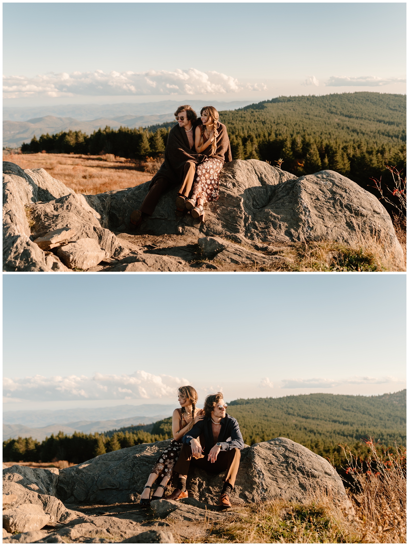 Retro engagement session with views overlooking the mountains by Asheville NC adventurous photographer