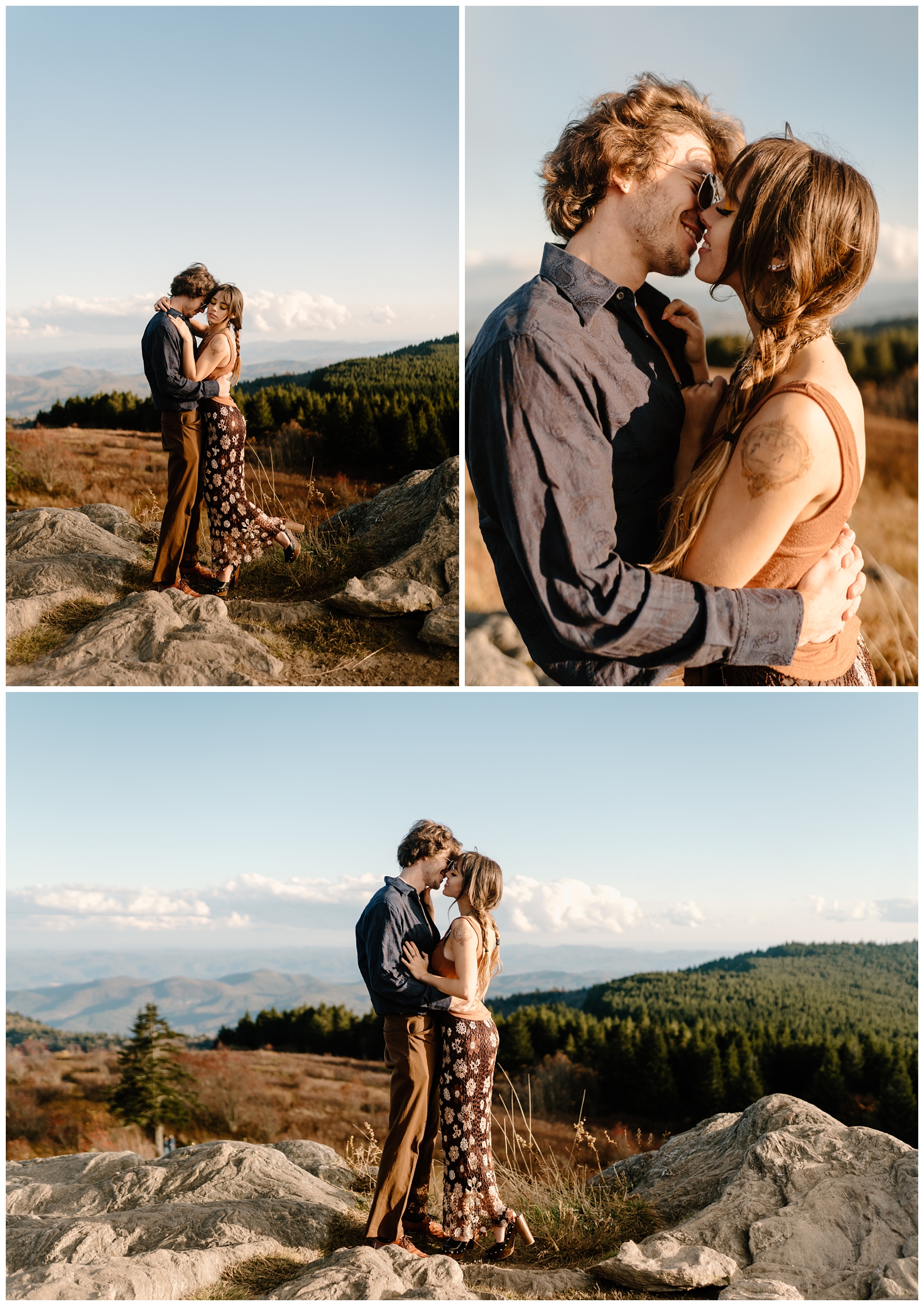Gorgeous retro couple engagement session on top of mountains in Asheville, NC by destination elopement photographer